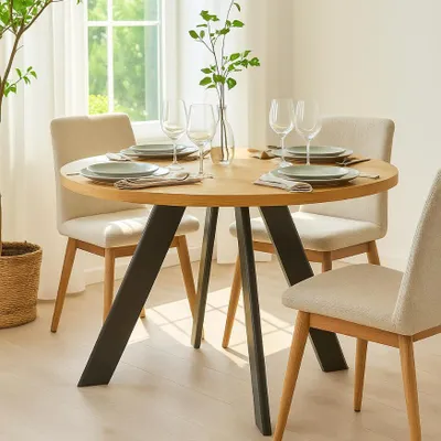 Produktbild von Runder Ausziehbarer Tisch für Esszimmer, LEX, Loft-Stil, Skandinavische, Durchmesser: 90 / 190 cm, Farbe: Eiche Craft / Schwarz