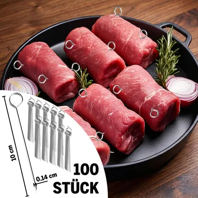 Produktbild von Lindenstein Metallspieße für Rouladen 100er Pack, rostfreie Edelstahl Fleischspieße 10 cm mit Ringgriff und Spitze, wiederverwendbare Küchen-Spieße