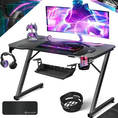 Produktbild von KESSER® Gaming Tisch LED | Z-Form Gamer Schreibtisch | Kopfhörerhaken & Kohlebeschichtung | Ergonomischer PC Computertisch | Stabiler Tisch mit Mauspad & Getränkehalter - 100cm x 60cm