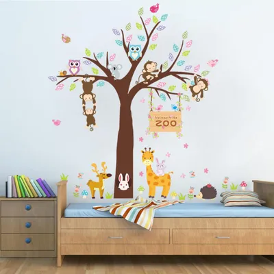 Produktbild von Wandaufkleber, dekorative Klebe-Zooszene mit riesigem Baum, Affen, Eulen und Giraffe