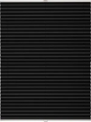 A black pleated blind is shown against a white background.