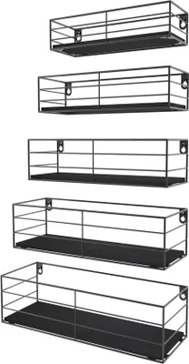 Immagine prodotto di Set di 5 mensole sospese Unyqoos® – effetto legno nero con supporti in metallo, 5 dimensioni (41,3×13,8×11; 37,9×12,8×9,8; 34,5×11,8×8,6; 31,1×10,8×7,4; 27,7×9,8×6,2 cm), multifunzionali