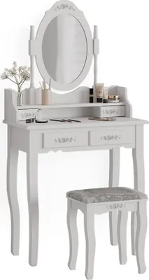 A white vanity table with a mirror and a stool, set against a white background.