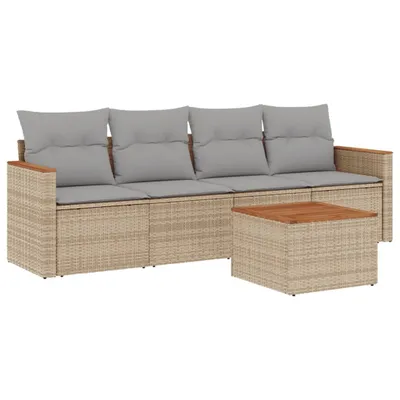 Image de Salon de jardin modulable 5 pièces, résine tressée beige, table acacia, coussins gris clair déhoussables, rangement intégré, résistant aux UV