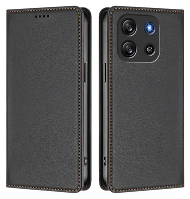 A black leather flip case for a smartphone is shown from two angles, front and back.