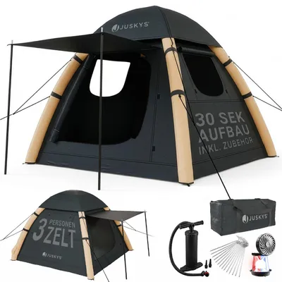 Produktbild von JUSKYS® Luftzelt EasyFlow M - aufblasbares Camping Zelt, 1-3 Personen inkl. LED-Lampe & Zubehör
