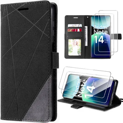 Image de Coque + 2 Verres Trempés pour Xiaomi Redmi Note 14 Pro Plus 5G, Anti-Rayures CuirPolyuréthaneNoir