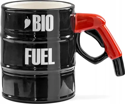 A black barrel-shaped mug with a red gas pump handle as the mug handle, with the words "BIO FUEL" printed on it.