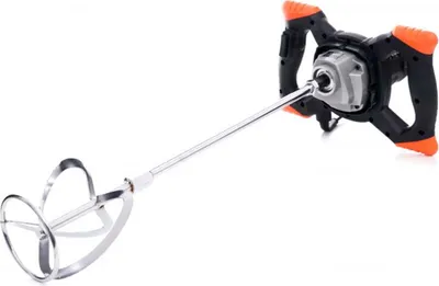 A power mixer with a mixing paddle attached, shown against a white background.