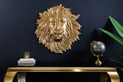 Produktbild von Invicta Interior, Löwenkopf Wandskulptur, Metall Gold, handgefertigt, Unikat, 55x58x10 cm, Wohnzimmer Büro Essbereich