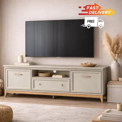 Obrázok produktu pre TV skrinka Windsor 09 v kašmírovej farbe s dubovými nožičkami - šírka 179 cm, jemné zatváranie, otváranie zásuviek a káblov, zlaté úchyty