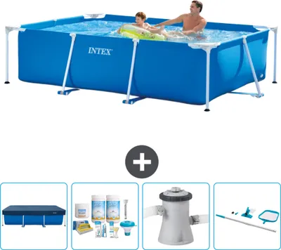 Produktbild von Intex-Schwimmbecken mit rechteckigem Rahmen – 260 x 160 x 65 cm – Blau – im Lieferumfang enthalten Abdeckung - Wartungspaket - Filterpumpe für Schwimmbad - Reinigungskit