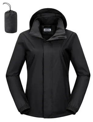 Immagine prodotto di Omgoods - Giacca impermeabile da donna con cappuccio - Giacca antivento leggera, pieghevole, nera