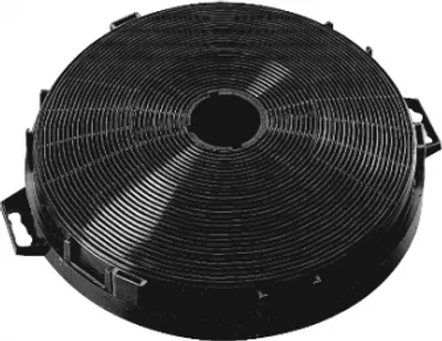 A round, black carbon filter for a range hood.