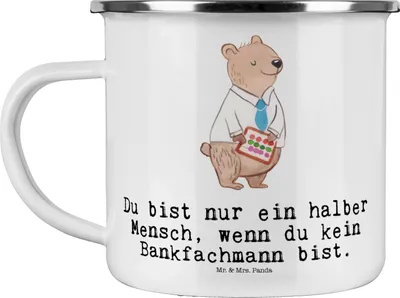 Produktbild von Mr. & Mrs. Panda Haferl Bankfachmann Herz - Weiß - Geschenk, Beruf, Ausbildung, Bankangestellter, metallbecher, Lustig, Pott, Spruch, Teetasse, becher emaille, Kaffeepott