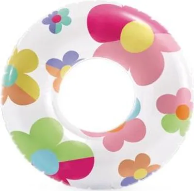 A colorful inflatable swim ring with flower patterns.