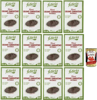 Produktbild von Felicia, Pasta Risoni di Grano Saraceno Integrale, Vollkornnudel, reiche Quelle für Ballaststoffe und Mineralsalze, Magnesium und Mangan, Veganer, 12x 250 g + Italian Gourmet polpa 400g