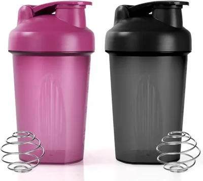 Image de Bouteille shaker pour protéines, 500 ml, lot de 2, avec boule mélangeuse en acier inoxydable, sans BPA, couvercle anti-fuite, idéale pour le sport