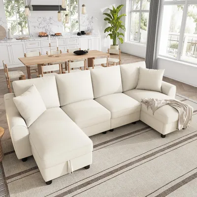 Produktbild von okwish Ecksofa mit zwei Chaiselongues, Wohnzimmersofa mit zwei Kissen, U-Form Sofa mit Stauraum, Schlafsofa Chenille in Beige