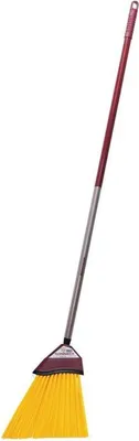 A broom with yellow bristles and a maroon head, attached to a red and gray handle.