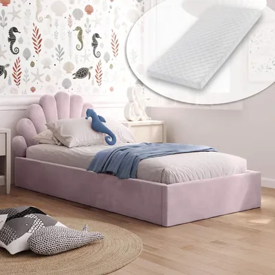 Produktbild von Kids Collective Kinderbett Polsterbett 90x200 cm Kinder Bett Jugendbett mit Matratze, Lattenrost und Metallrahmen | Kopfteil in Muschelform | Mädchenzimmer & Kinderzimmer | von 4 bis 18 J. | Rosa samt