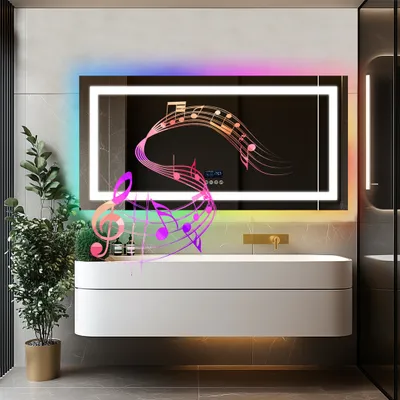 A modern bathroom vanity with a large LED mirror featuring RGB lighting and musical notes overlay.