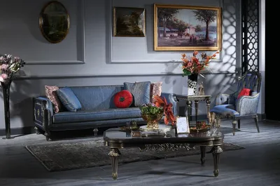 Produktbild von Casa Padrino Luxus Barock Wohnzimmer Set Blau / Gold - 2 Sofas & 2 Sessel & 1 Couchtisch & 2 Beistelltische - Prunkvolle Barock Möbel - Luxus Qualität