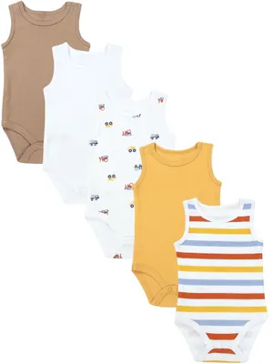 Produktbild von TupTam Baby Jungen Achselbody – Weicher Baby Body im 5er Pack aus Baumwolle, Body Baby Unifarben  , Farbe: Beige_Gelb_Streifen_Autos, Größe: 104