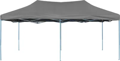 A gray pop-up party tent is shown against a white background.