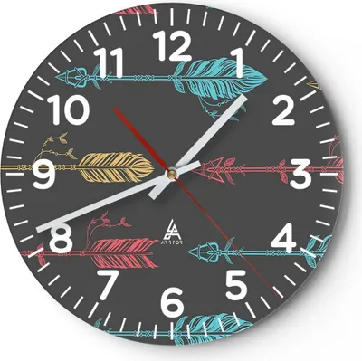 Produktbild von Wanduhr - Rund - Glasuhr - Pfeil Feder - 40x40cm - Schleichendes Uhrwerk - Lautlos - zum Aufhängen bereit - Dekoration Modern - Wanddekoration aus Glas - C4AR40x40-3874