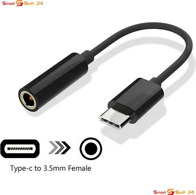 A black USB Type-C to 3.5mm headphone adapter is shown, with icons and text explaining its function.