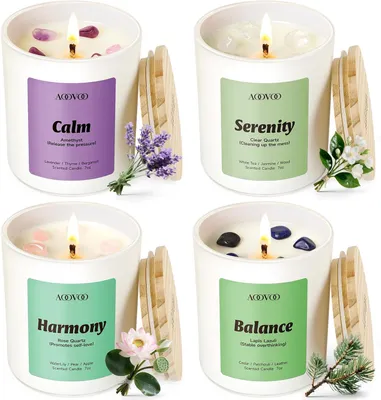 Imagen del producto de Velas aromáticas, juego de 4 velas para el hogar, 794 gramos, 200 horas de duración, velas de aromaterapia con cristales, fragancias de lavanda, jazmín y lirio acuático