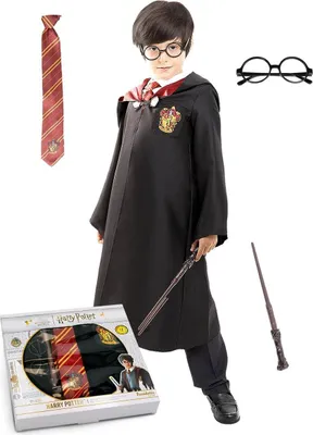A child dressed as Harry Potter, wearing a costume including a robe, tie, glasses, and holding a wand. Accessories and packaging are also shown.