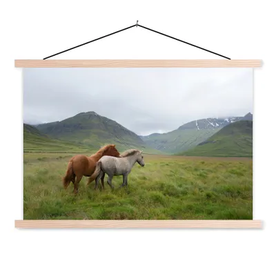 Obrázek produktu pro MuchoWow® Textilní plakát - Koně - tráva - hory - 60x40cm - S hnědými lamelami