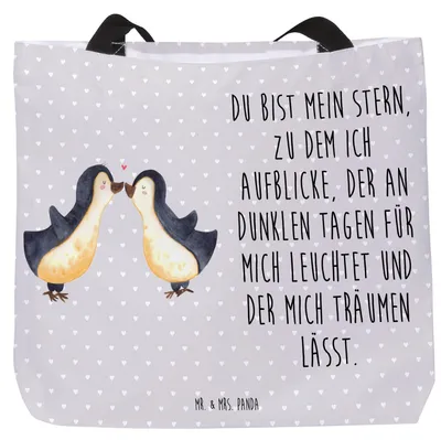Produktbild von Mr. & Mrs. Panda Strandtasche Pinguin Liebe - Grau Pastell - Geschenk, Freundin, Paar, Vertraut, Einkaufstasche, Geschenkidee, Pinguine, Reisetasche, Tasche, Hochzeitstag