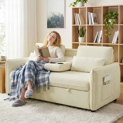 Produktbild von Sweiko 3-in-1 Verstellbares Schlafsofa, Zweisitzer mit Getränkehaltern, verstellbarer Rückenlehne und Seitentaschen, Beige