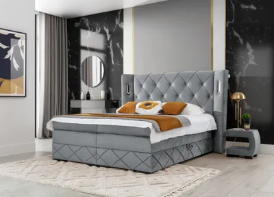 Produktbild von Boxspringbett Schlafzimmerbett ELVIANO 160x200cm Stoff Hellgrau inkl. Ambiente-LED