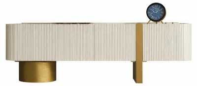 Image de Meuble TV bas moderne blanc avec des touches dorées et une texture rainurée