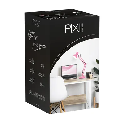 The product packaging for a pink desk lamp is shown, with a lifestyle image of the lamp on a desk.