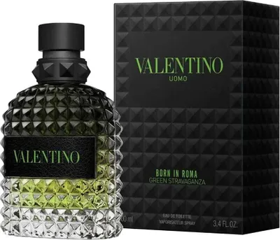 A product shot of a Valentino Uomo Born In Roma Green Stravaganza Eau de Toilette bottle and its packaging.