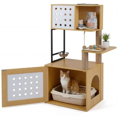 Produktbild von COSTWAY Kratzbaum mit Katzenklo Schrank, Katzenschrank für Katzentoilette, Katzenhaus Holz, Katzenkratzbaum mit Futterstation,Sisalpfosten&Kratzmatten