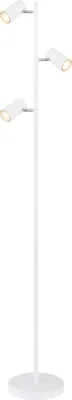 A white floor lamp with three adjustable spotlights on a white circular base, photographed against a white background.