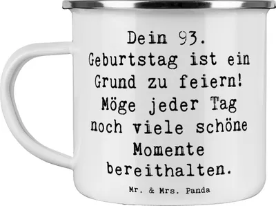 Produktbild von Mr. & Mrs. Panda Teebecher Spruch 93. Geburtstag Freude - Weiß - Geschenk, Teetasse, Wertschätzung, Emaille Becher, blechbecher, Geburtstagsgeschenk, Lebensfreude, Alter