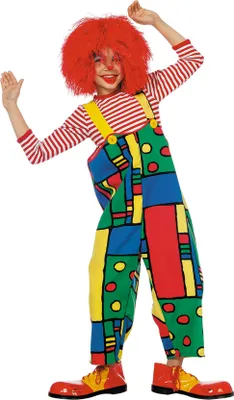 A child dressed as a clown, posing with arms outstretched.