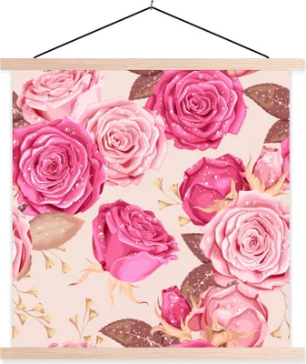 Produktbild von MuchoWow® Textilposter Rosen - Blumen - Muster 120x120 cm mit holzfarbenen Rahmen - Textil-Poster