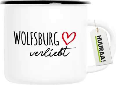 Produktbild von Huuraa Emaille Tasse Wolfsburg verliebt 300ml Vintage Campingbecher Geschenkidee