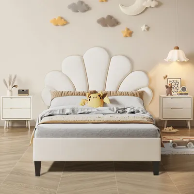 Image de Fortuna-Lai Lit Tapissé Simple 90 x 200 cm - avec Tête de Lit en forme de Fleur, Sommier à Latte, Velours - pour Adultes et Enfants - Beige