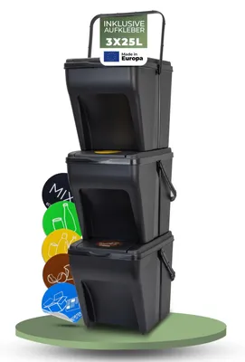 Immagine prodotto di Pattumiera - Sistema di raccolta differenziata - Set da 3 - 25 l - Impilabile con coperchio