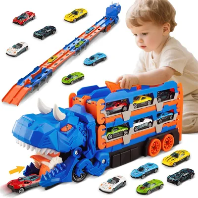 Obrázek produktu pro Transportní nákladní auto hračka od 3 4 5 6 let, 157 cm skládací autodráha hračka s 6 závodními auty, přenosná sada autodráhy hračka dárek pro chlapce děti dívky, modrá