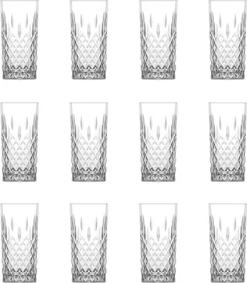 A collection of twelve clear glasses arranged in three rows of four.
